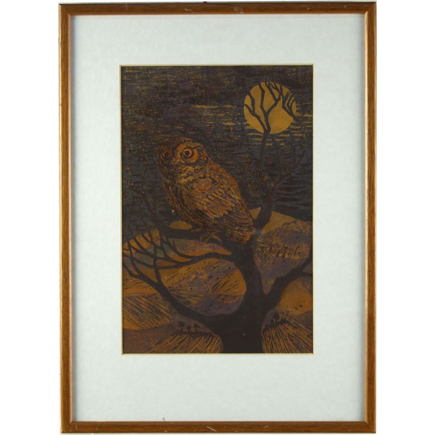 
Original Acrylic Watercolour Wood Cut Painting Contemporary Owl in the Moonlight - Full Image